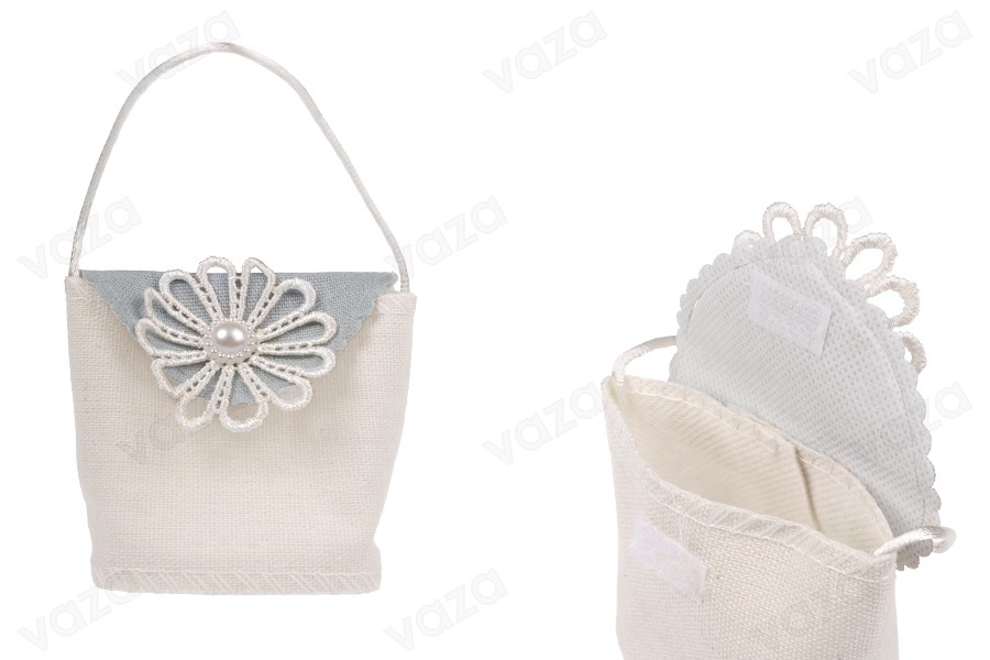 Handgemachte Beutel mit Henkel beige-grau 62x43x77mm für Gastgeschenke- 12 Stücke-produktbild