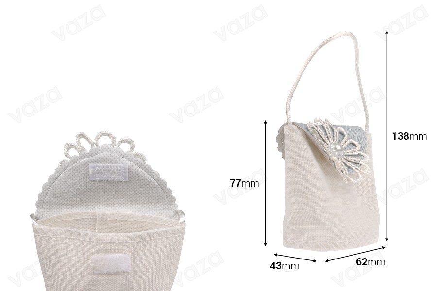 Handgemachte Beutel mit Henkel beige-grau 62x43x77mm für Gastgeschenke- 12 Stücke-bildabmessungen