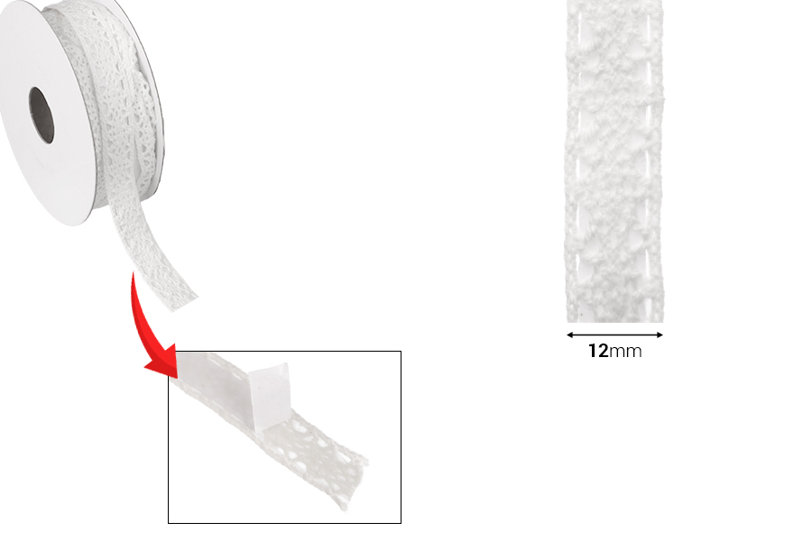 Spitze in Farbe weiß Breite 12mm mit Klebeband - 4,6 Meter Stück Spitze in Farbe weiß Breite 12mm mit Klebeband - 4,6 Meter Stück-bildabmessungen