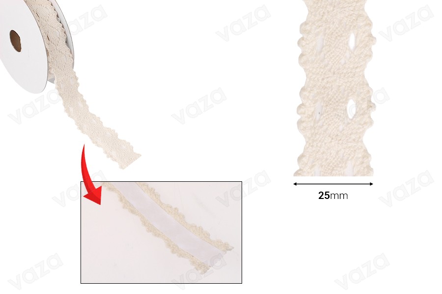 Δαντέλα βαμβακερή σε χρώμα μπεζ πλάτος 25 mm με αυτοκόλλητη ταινία - 4,6 μέτρα το τεμάχιο-εικόνα_διαστάσεις