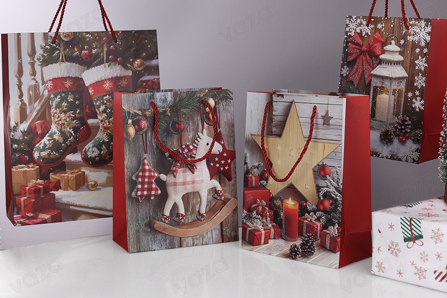 Geschenktüte aus Papier, 260 x 100 x 320 mm (210 g), im Weihnachtsstrumpf-Design mit roter Kordel als Henkel – 12 Stück Geschenktüte aus Papier, 260 x 100 x 320 mm (210 g), im Weihnachtsstrumpf-Design mit roter Kordel als Henkel – 12 Stück-bildgruppe