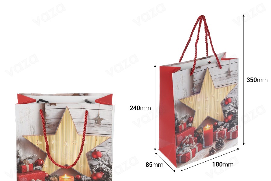Sachets cadeaux en papier 180 x 85 x 240 mm (210 g) motif étoile de Noël avec anse en ficelle rouge - Lot de 12 Sachets cadeaux en papier 180 x 85 x 240 mm (210 g) motif étoile de Noël avec anse en ficelle rouge - Lot de 12-εικόνα_διαστάσεις