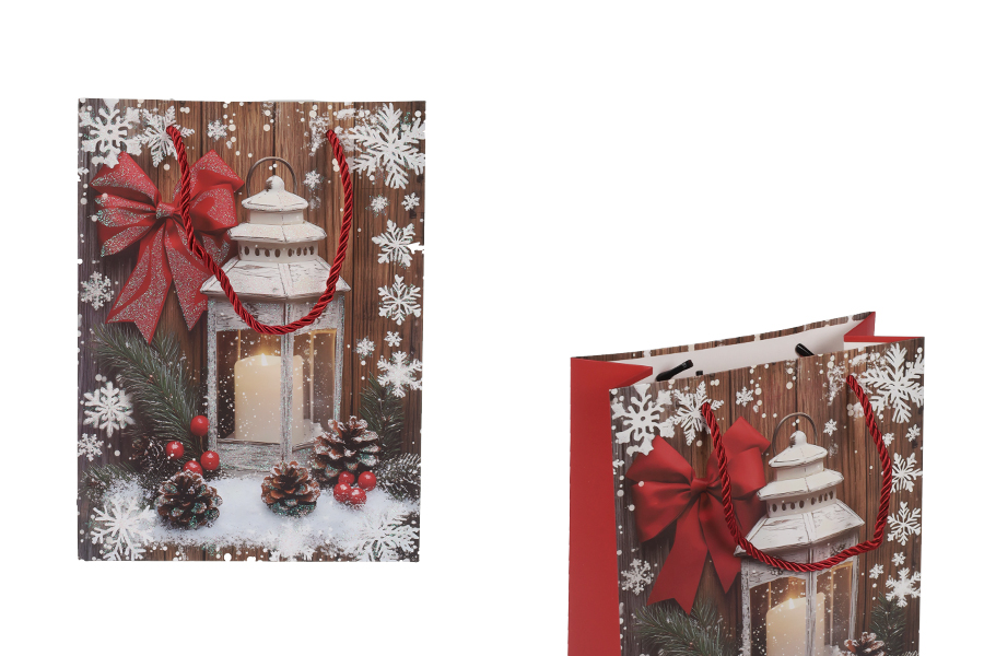 Geschenktüte aus Papier, 180x85x240 mm (210 g), im Design einer Weihnachtslaterne mit roter Schnur als Griff - 12 Stück.-produktbild