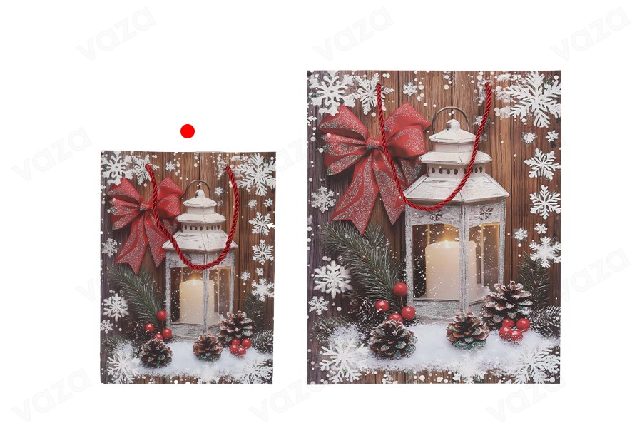 Sac cadeau en papier 180x85x240 mm (210 g) avec un motif de lanterne de Noël et une ficelle rouge pour poignée - 12 pièces. Sac cadeau en papier 180x85x240 mm (210 g) avec un motif de lanterne de Noël et une ficelle rouge pour poignée - 12 pièces.-εικόνα_σύνθεση
