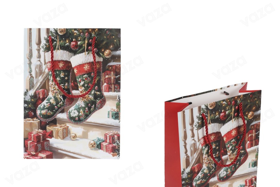 Sachet cadeau en papier 180 x 85 x 240 mm (210 g) motif chaussette de Noël avec cordon rouge en guise d'anse - Lot de 12 Sachet cadeau en papier 180 x 85 x 240 mm (210 g) motif chaussette de Noël avec cordon rouge en guise d'anse - Lot de 12-photo_produit