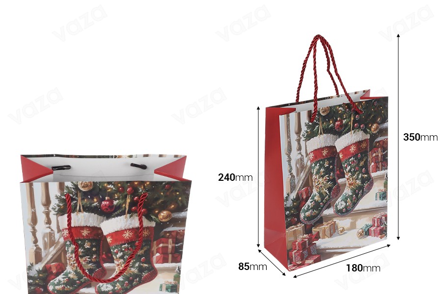 Sachet cadeau en papier 180 x 85 x 240 mm (210 g) motif chaussette de Noël avec cordon rouge en guise d'anse - Lot de 12 Sachet cadeau en papier 180 x 85 x 240 mm (210 g) motif chaussette de Noël avec cordon rouge en guise d'anse - Lot de 12-photo_dimensions