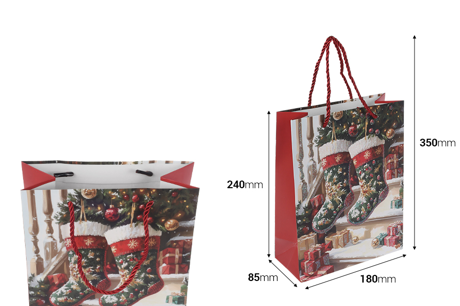 Geschenktüte aus Papier, 180 x 85 x 240 mm (210 g), im Design eines Weihnachtsstrumpfs mit roter Kordel als Henkel – 12 Stück-εικόνα_διαστάσεις