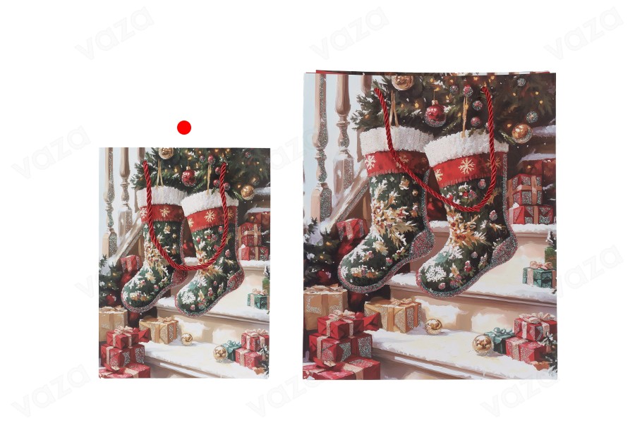 Sachet cadeau en papier 180 x 85 x 240 mm (210 g) motif chaussette de Noël avec cordon rouge en guise d'anse - Lot de 12 Sachet cadeau en papier 180 x 85 x 240 mm (210 g) motif chaussette de Noël avec cordon rouge en guise d'anse - Lot de 12-photo_groupe
