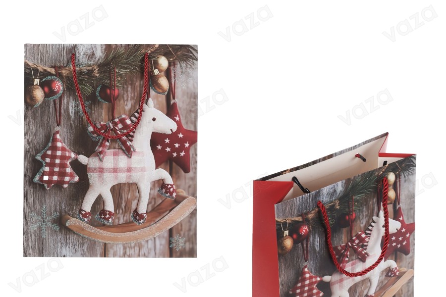 Χάρτινη τσάντα δώρου 260x100x320 mm (210 g) σε σχέδιο χριστουγεννιάτικο αλογάκι με κόκκινο κορδόνι για χερούλι - 12 τμχ-εικόνα_προϊοντική