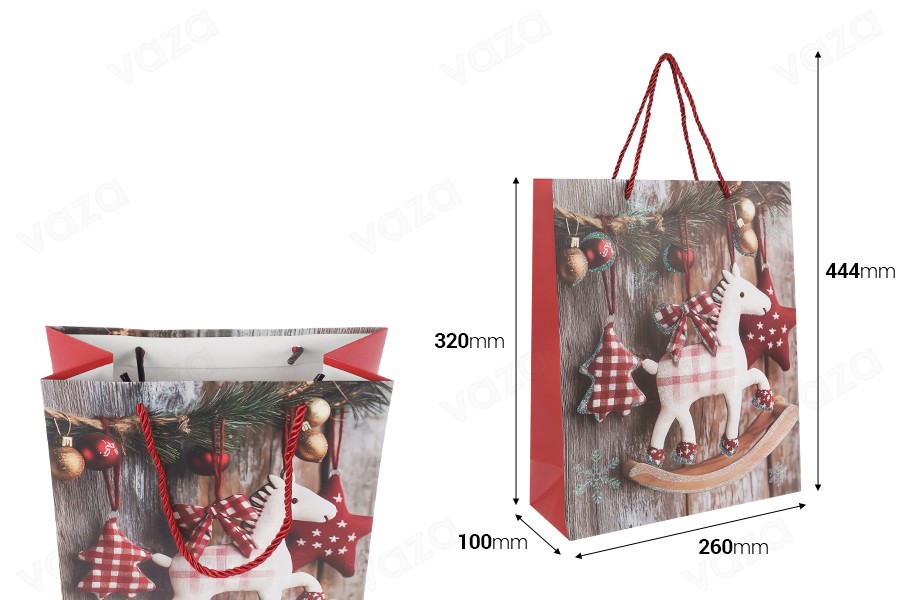 Sac cadeau en papier 260x100x320 mm (210 g) avec un motif de cheval de Noël et une ficelle rouge pour poignée - 12 pièces. Sac cadeau en papier 260x100x320 mm (210 g) avec un motif de cheval de Noël et une ficelle rouge pour poignée - 12 pièces.-εικόνα_διαστάσεις