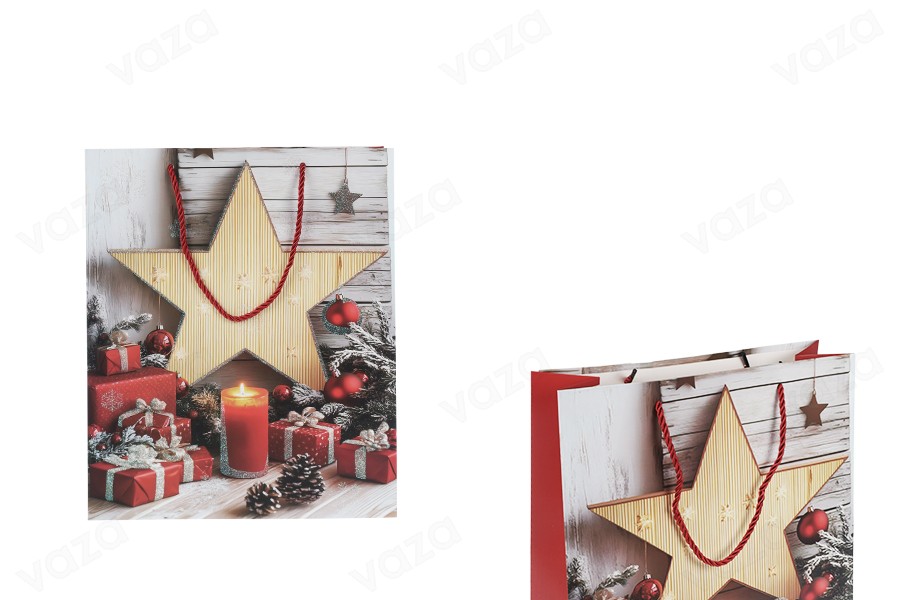 Sachets cadeaux en papier 260 x 100 x 320 mm (210 g) à motif d'étoiles de Noël avec anse en ficelle rouge - Lot de 12 Sachets cadeaux en papier 260 x 100 x 320 mm (210 g) à motif d'étoiles de Noël avec anse en ficelle rouge - Lot de 12-photo_produit