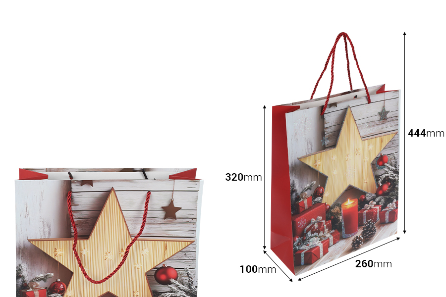 Sachets cadeaux en papier 260 x 100 x 320 mm (210 g) à motif d'étoiles de Noël avec anse en ficelle rouge - Lot de 12 Sachets cadeaux en papier 260 x 100 x 320 mm (210 g) à motif d'étoiles de Noël avec anse en ficelle rouge - Lot de 12-photo_dimensions