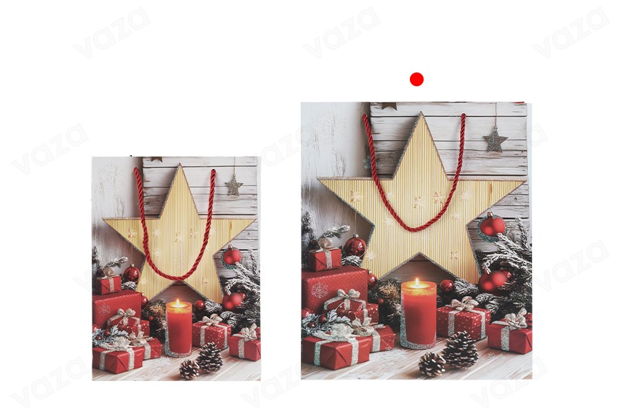 Sachets cadeaux en papier 260 x 100 x 320 mm (210 g) à motif d'étoiles de Noël avec anse en ficelle rouge - Lot de 12 Sachets cadeaux en papier 260 x 100 x 320 mm (210 g) à motif d'étoiles de Noël avec anse en ficelle rouge - Lot de 12-photo_groupe