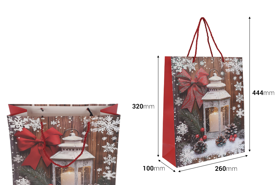 Geschenktüte aus Papier, 260 x 100 x 320 mm (210 g), im Design einer Weihnachtslaterne mit roter Schnur als Griff - 12 Stück. Geschenktüte aus Papier, 260 x 100 x 320 mm (210 g), im Design einer Weihnachtslaterne mit roter Schnur als Griff - 12 Stück.-photo_dimensions