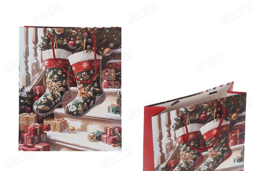 Sachets cadeaux en papier 260 x 100 x 320 mm (210 g) motif chaussette de Noël avec cordon rouge pour anse - Lot de 12 Sachets cadeaux en papier 260 x 100 x 320 mm (210 g) motif chaussette de Noël avec cordon rouge pour anse - Lot de 12-photo_produit
