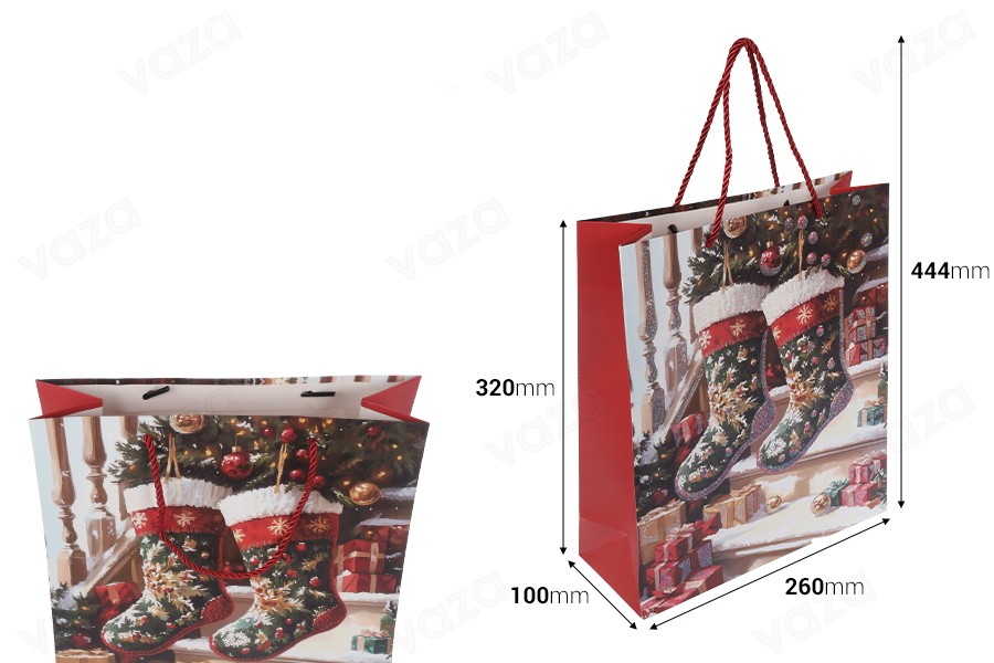 Sachets cadeaux en papier 260 x 100 x 320 mm (210 g) motif chaussette de Noël avec cordon rouge pour anse - Lot de 12 Sachets cadeaux en papier 260 x 100 x 320 mm (210 g) motif chaussette de Noël avec cordon rouge pour anse - Lot de 12-photo_dimensions