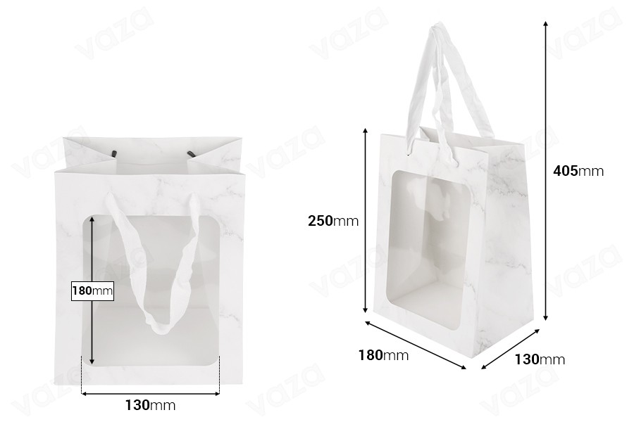 Sac cadeau en papier 180 x 130 x 250 mm avec fenêtre et ruban servant de poignée - 12 pièces Sac cadeau en papier 180 x 130 x 250 mm avec fenêtre et ruban servant de poignée - 12 pièces-εικόνα_διαστάσεις