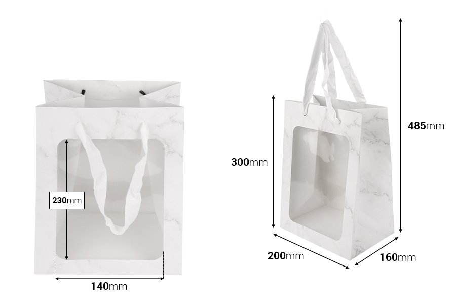 Χάρτινη τσάντα δώρου 200x160x300 mm με παράθυρο και κορδέλα για χερούλι - 12 τμχ-εικόνα_διαστάσεις