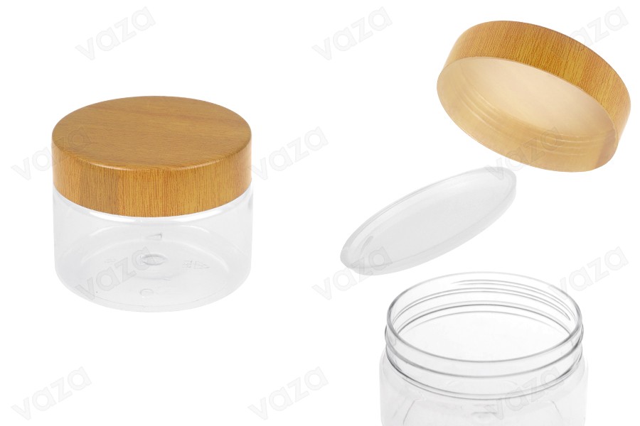 Βάζο PET 100 ml διάφανο με καπάκι σε σχέδιο ξύλου και πλαστικό παρέμβυσμα - 12 τμχ-εικόνα_προϊοντική