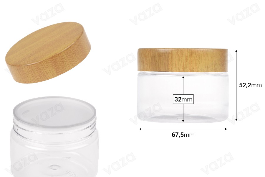 Βάζο PET 100 ml διάφανο με καπάκι σε σχέδιο ξύλου και πλαστικό παρέμβυσμα - 12 τμχ-εικόνα_διαστάσεις
