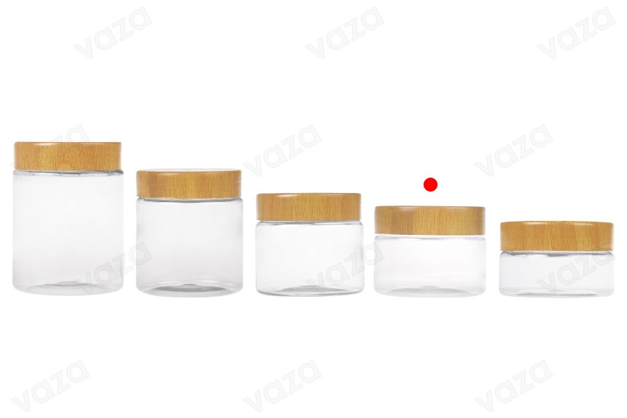 Βάζο PET 100 ml διάφανο με καπάκι σε σχέδιο ξύλου και πλαστικό παρέμβυσμα - 12 τμχ-εικόνα_σύνθεση
