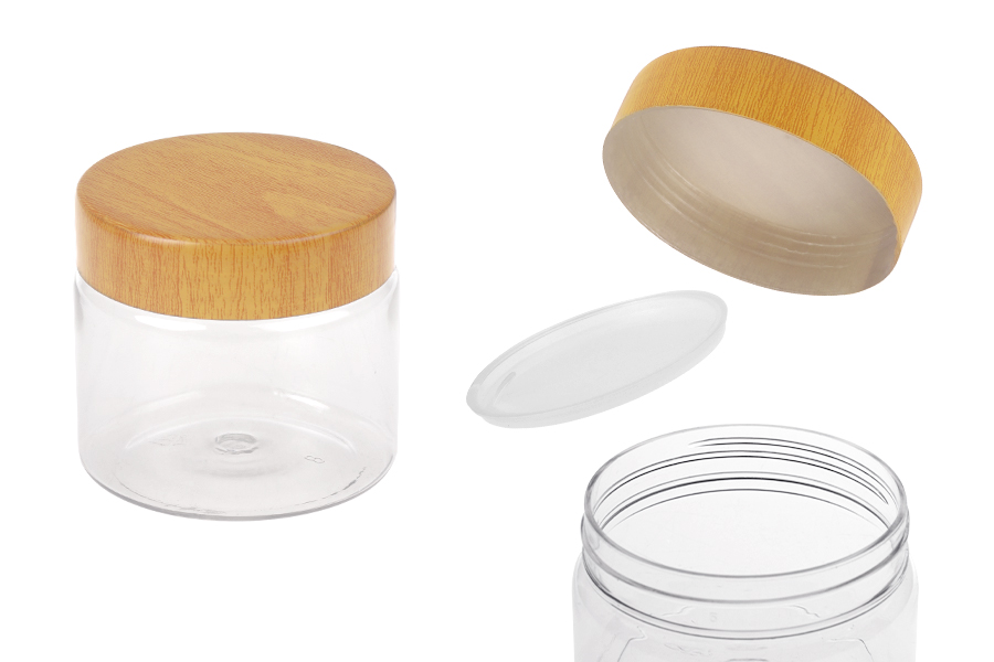 Βάζο PET 150 ml διάφανο με καπάκι σε σχέδιο ξύλου και πλαστικό παρέμβυσμα - 12 τμχ