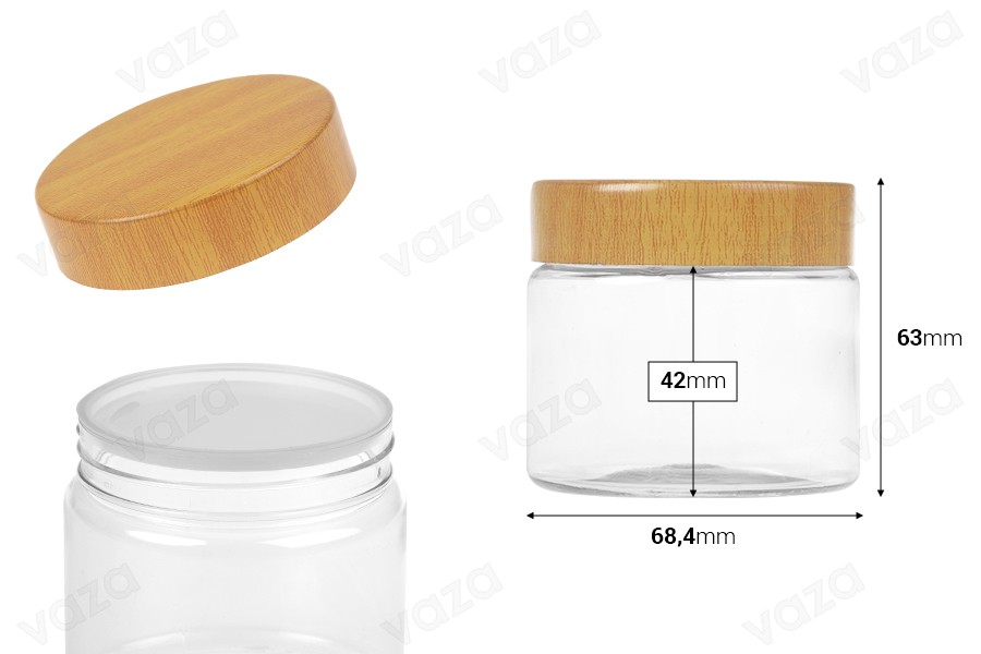 Βάζο PET 150 ml διάφανο με καπάκι σε σχέδιο ξύλου και πλαστικό παρέμβυσμα - 12 τμχ-εικόνα_διαστάσεις