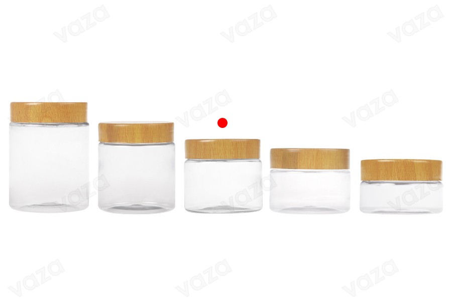 Βάζο PET 150 ml διάφανο με καπάκι σε σχέδιο ξύλου και πλαστικό παρέμβυσμα - 12 τμχ-εικόνα_σύνθεση