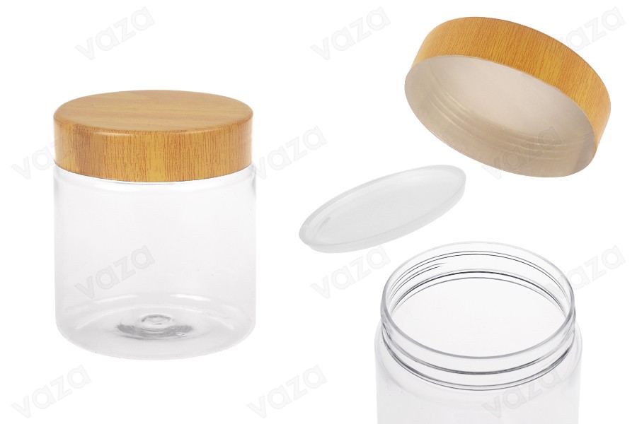 Barattolo in PET da 200 ml trasparente con coperchio effetto legno e guarnizione in plastica - 12 pezzi-immagine_prodotto