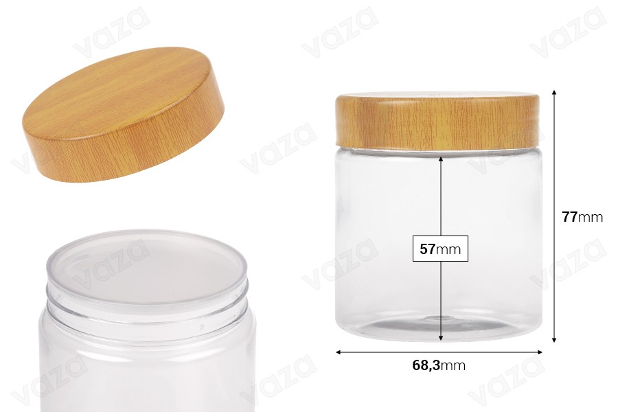 Barattolo in PET da 200 ml trasparente con coperchio effetto legno e guarnizione in plastica - 12 pezzi-dimensioni_immagine