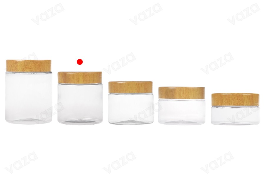 Barattolo in PET da 200 ml trasparente con coperchio effetto legno e guarnizione in plastica - 12 pezzi-gruppo_immagini