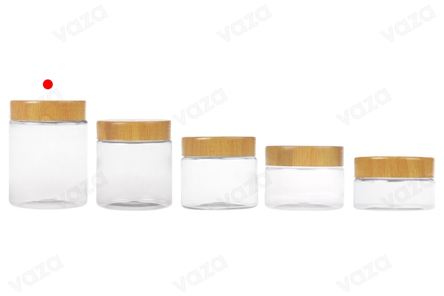 Barattolo in PET da 250 ml trasparente con tappo effetto legno e guarnizione in plastica - 12 pezzi Barattolo in PET da 250 ml trasparente con tappo effetto legno e guarnizione in plastica - 12 pezzi-gruppo_immagini