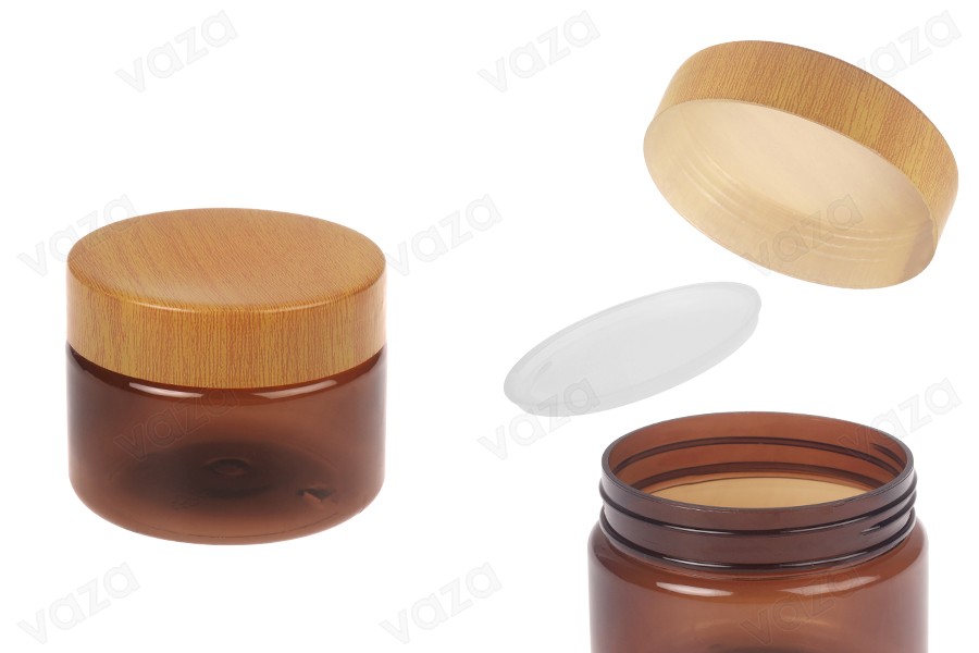PET-Dose 100 ml bernsteinfarben mit Holzmusterdeckel und Kunststoffdichtung - 12 Stk-produktbild