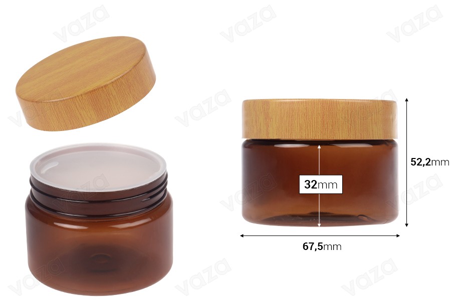 PET-Dose 100 ml bernsteinfarben mit Holzmusterdeckel und Kunststoffdichtung - 12 Stk-bildabmessungen