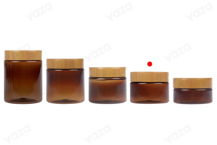 PET-Dose 100 ml bernsteinfarben mit Holzmusterdeckel und Kunststoffdichtung - 12 Stk-bildgruppe