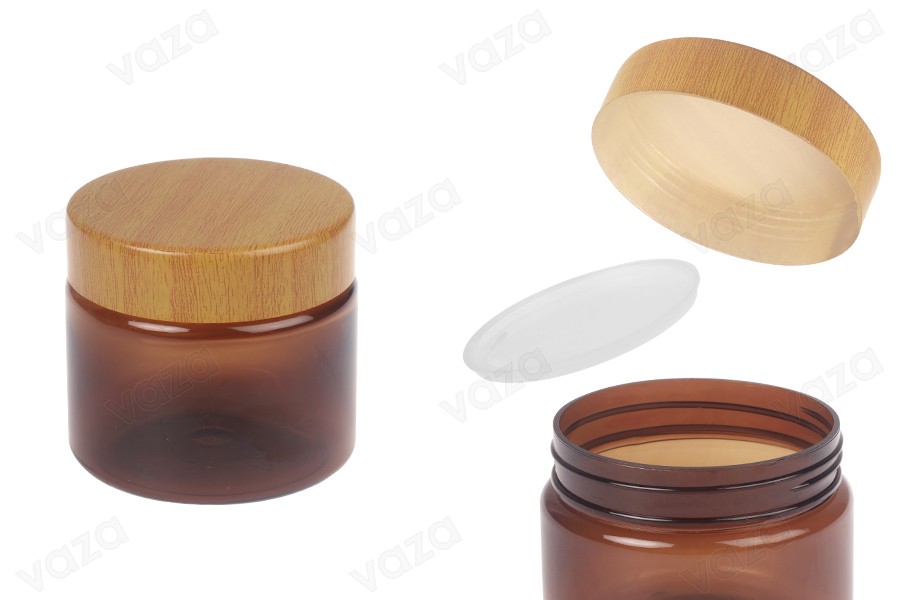 PET-Dose 150 ml bernsteinfarben mit Holzmusterdeckel und Kunststoffdichtung - 12 Stk-produktbild