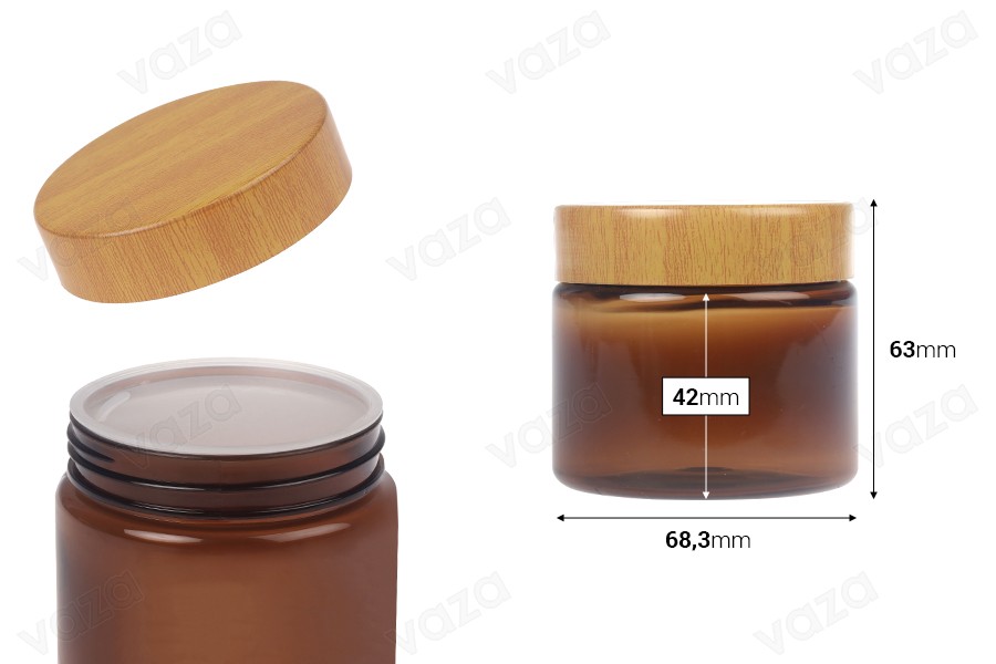 PET-Dose 150 ml bernsteinfarben mit Holzmusterdeckel und Kunststoffdichtung - 12 Stk-bildabmessungen
