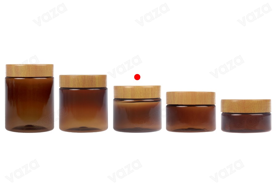 PET-Dose 150 ml bernsteinfarben mit Holzmusterdeckel und Kunststoffdichtung - 12 Stk-bildgruppe