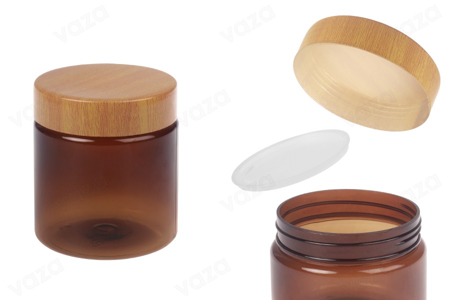 Barattolo in PET 200 ml ambrato con tappo a motivo legno e guarnizione in plastica - 12 pezzi Barattolo in PET 200 ml ambrato con tappo a motivo legno e guarnizione in plastica - 12 pezzi-immagine_prodotto