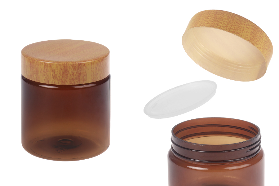 Pot PET 200 ml ambré avec bouchon motif bois et joint plastique - 12 pièces