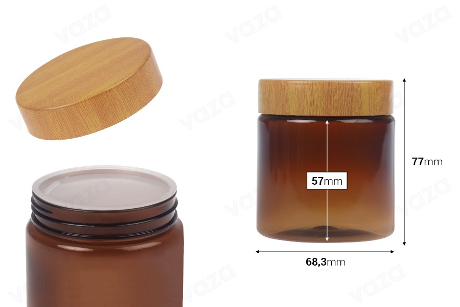 Barattolo in PET 200 ml ambrato con tappo a motivo legno e guarnizione in plastica - 12 pezzi Barattolo in PET 200 ml ambrato con tappo a motivo legno e guarnizione in plastica - 12 pezzi-dimensioni_immagine
