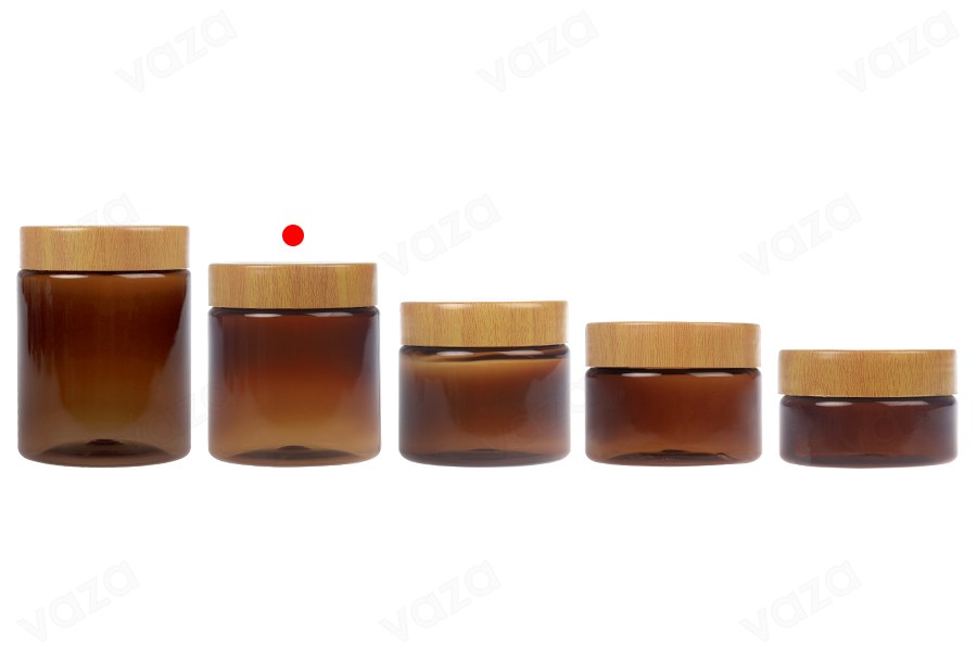 Barattolo in PET 200 ml ambrato con tappo a motivo legno e guarnizione in plastica - 12 pezzi Barattolo in PET 200 ml ambrato con tappo a motivo legno e guarnizione in plastica - 12 pezzi-gruppo_immagini