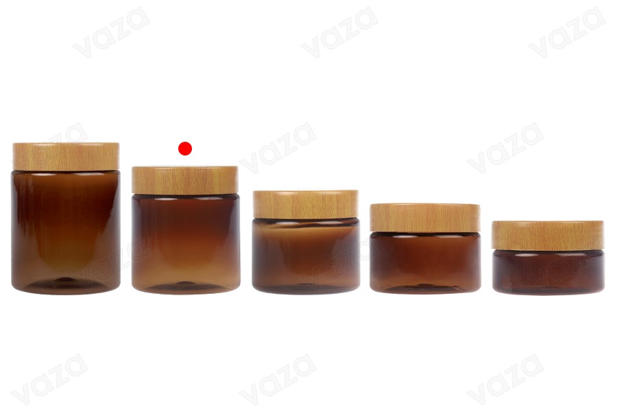 PET-Dose 200 ml bernsteinfarben mit Holzmusterdeckel und Kunststoffdichtung - 12 Stk-bildgruppe