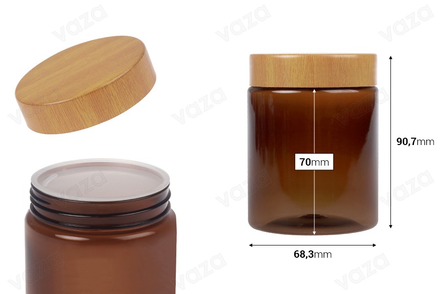Pot PET 250 ml ambré avec bouchon motif bois et joint plastique - 12 pièces-εικόνα_διαστάσεις