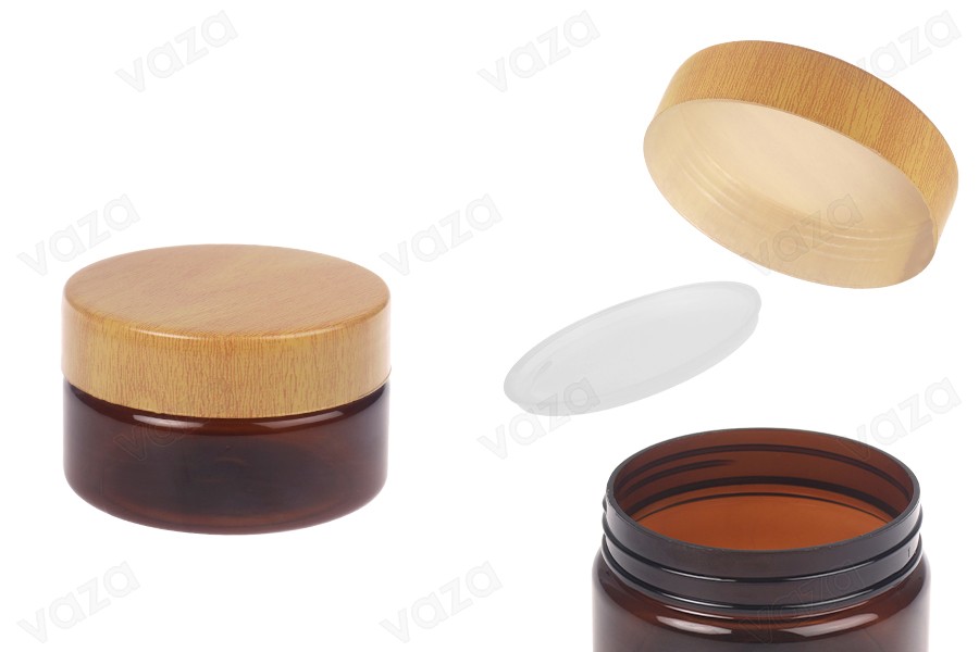 Βάζο PET 50 ml καραμελέ με καπάκι σε σχέδιο ξύλου και πλαστικό παρέμβυσμα - 12 τμχ-εικόνα_προϊοντική