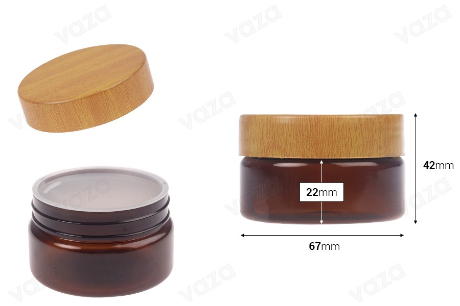 Βάζο PET 50 ml καραμελέ με καπάκι σε σχέδιο ξύλου και πλαστικό παρέμβυσμα - 12 τμχ-εικόνα_διαστάσεις