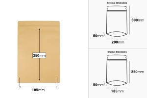 Sachets en papier kraft de type Doypack, avec fermeture zip, revêtement intérieur en aluminium et possibilité de fermeture par thermoscellage 200 x 50 x 300 mm - 50 pcs-εικόνα_διαστάσεις
