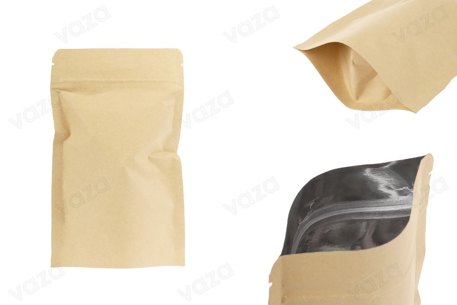 Sacchetti Doy Pack in carta kraft 110x30x185 mm, con fodera interna in alluminio, chiusura "zip" e termosaldabili - 50 pz.-immagine_prodotto