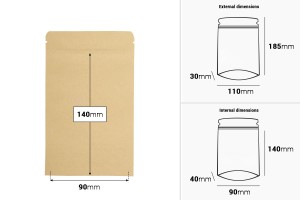 Sacchetti Doy Pack in carta kraft 110x30x185 mm, con fodera interna in alluminio, chiusura "zip" e termosaldabili - 50 pz.-εικόνα_διαστάσεις