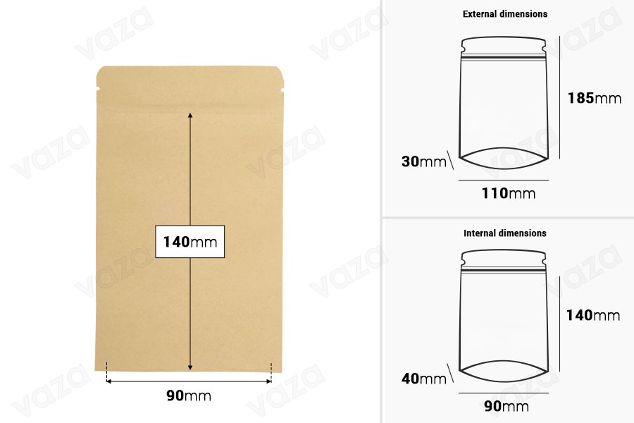 Sacchetti Doy Pack in carta kraft 110x30x185 mm, con fodera interna in alluminio, chiusura "zip" e termosaldabili - 50 pz.-dimensioni_immagine